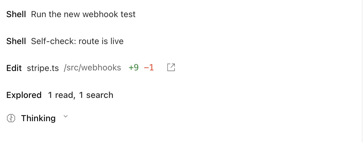 Tool-call cards: a test run, a self-check, and a file edit with a diff