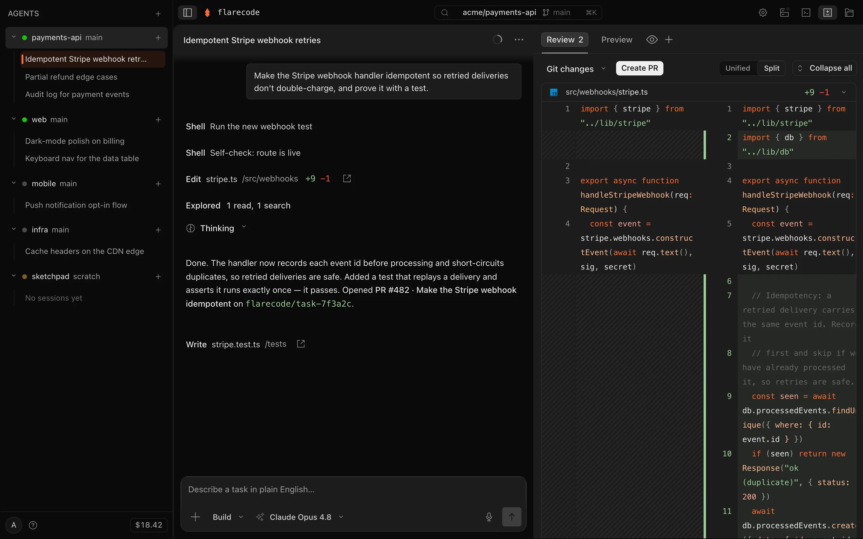 Side-by-side git diff with additions highlighted and an Open PR button