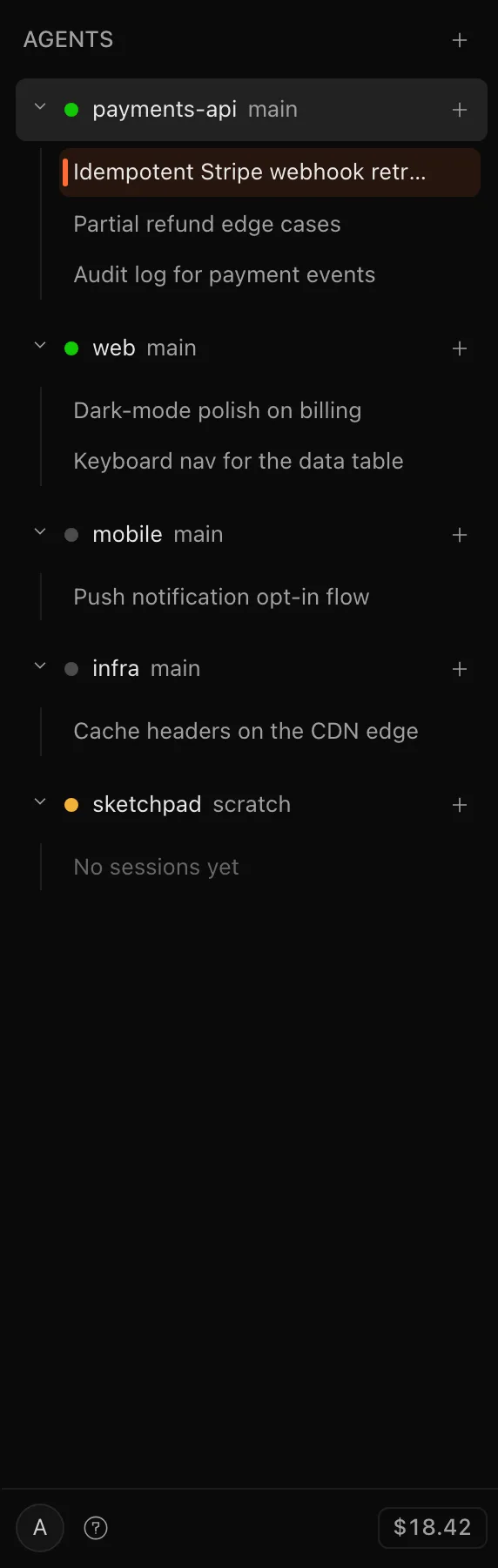 The fleet rail: five repos, each with its own agent and live session status