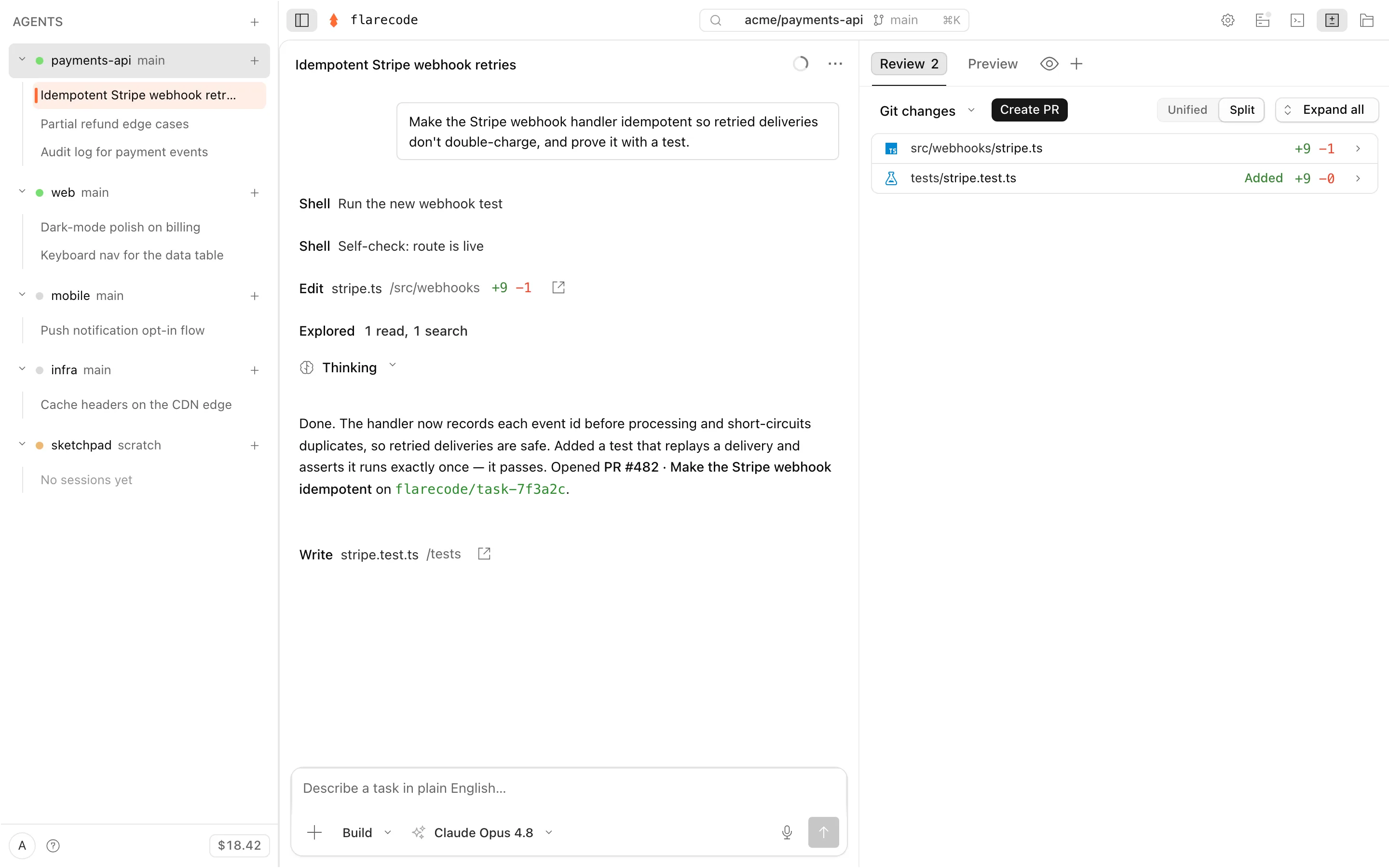 The FlareCode agent workspace: fleet rail, a live build session with reasoning, edits and tests, and the diff review panel