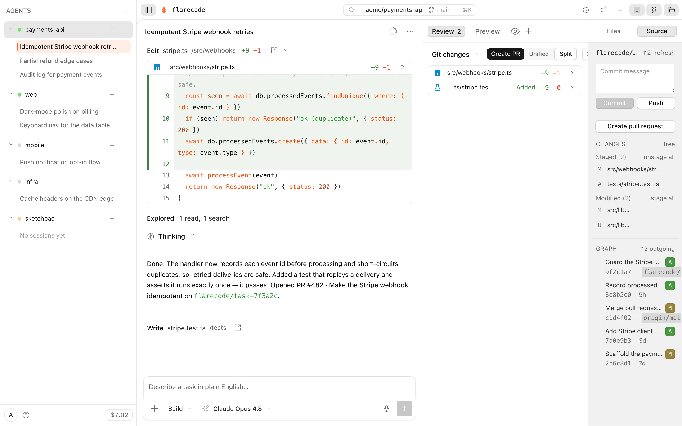 A file open in the editor beside the source-control panel: staged changes, a commit box, and the commit graph